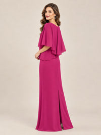 Cape Sleeve Mother of the Bride Dress with Asymmetrical Overlay