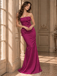 White Strapless Mermaid Maxi Dress with 3D Floral Appliques
