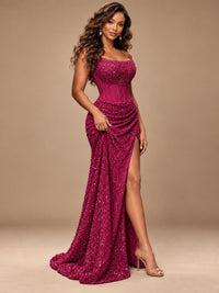 Gold Sequin Strapless Corset Prom Dress with High Slit