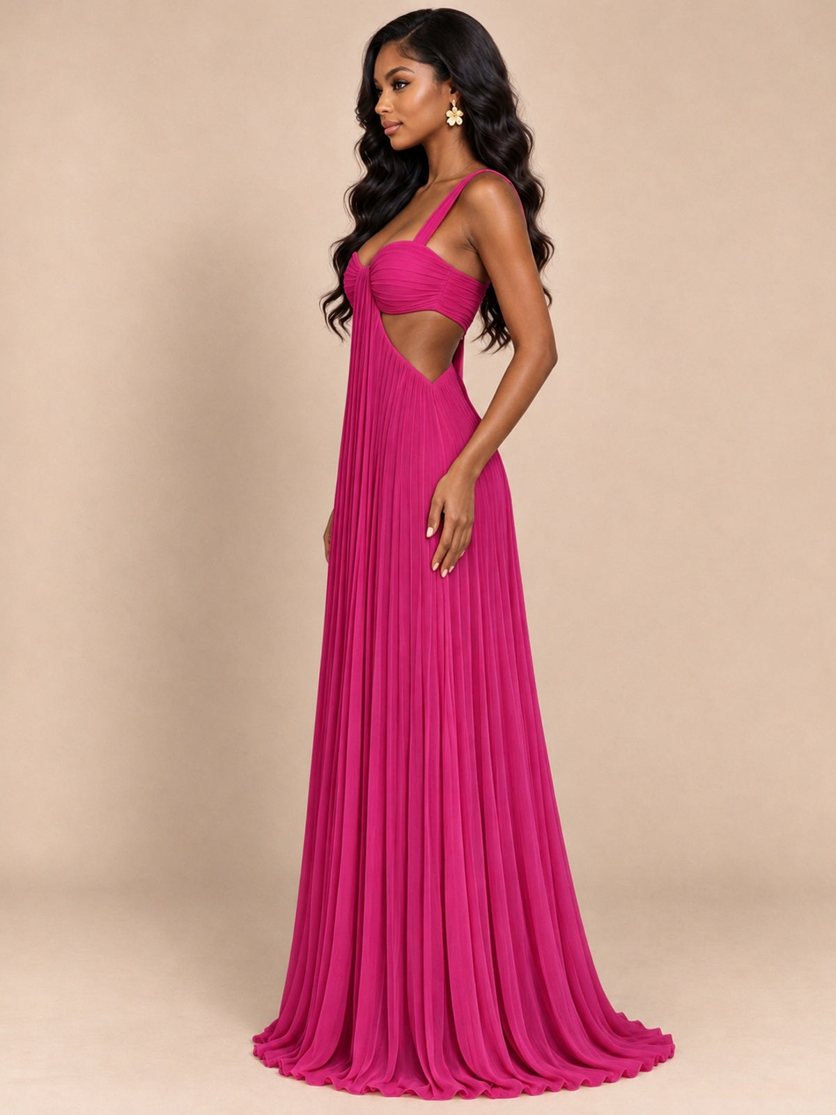 Butter Yellow Pleated Cutout Maxi Dress