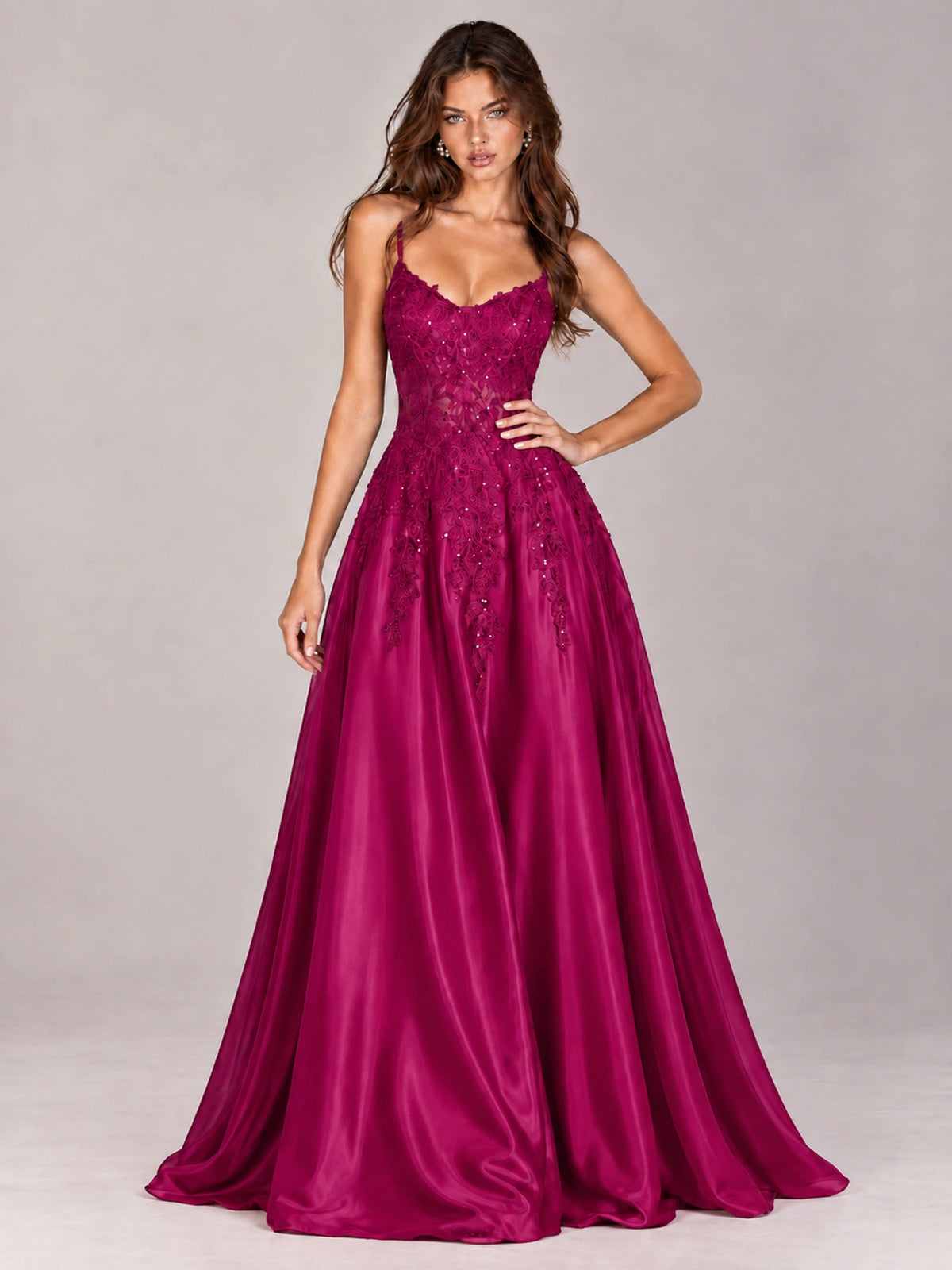 Lace Applique Satin A-Line Prom Dress with Sheer Bodice