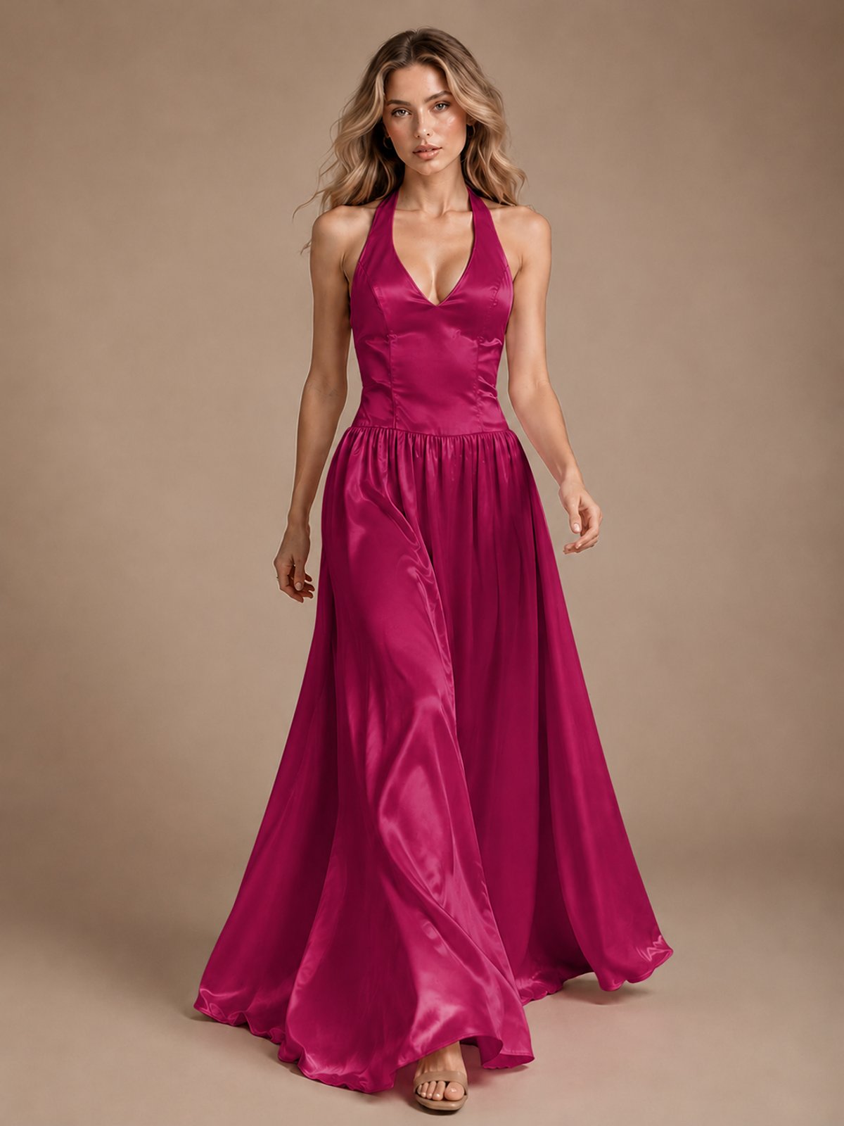 Pink V Neck Halter Satin Maxi Dress