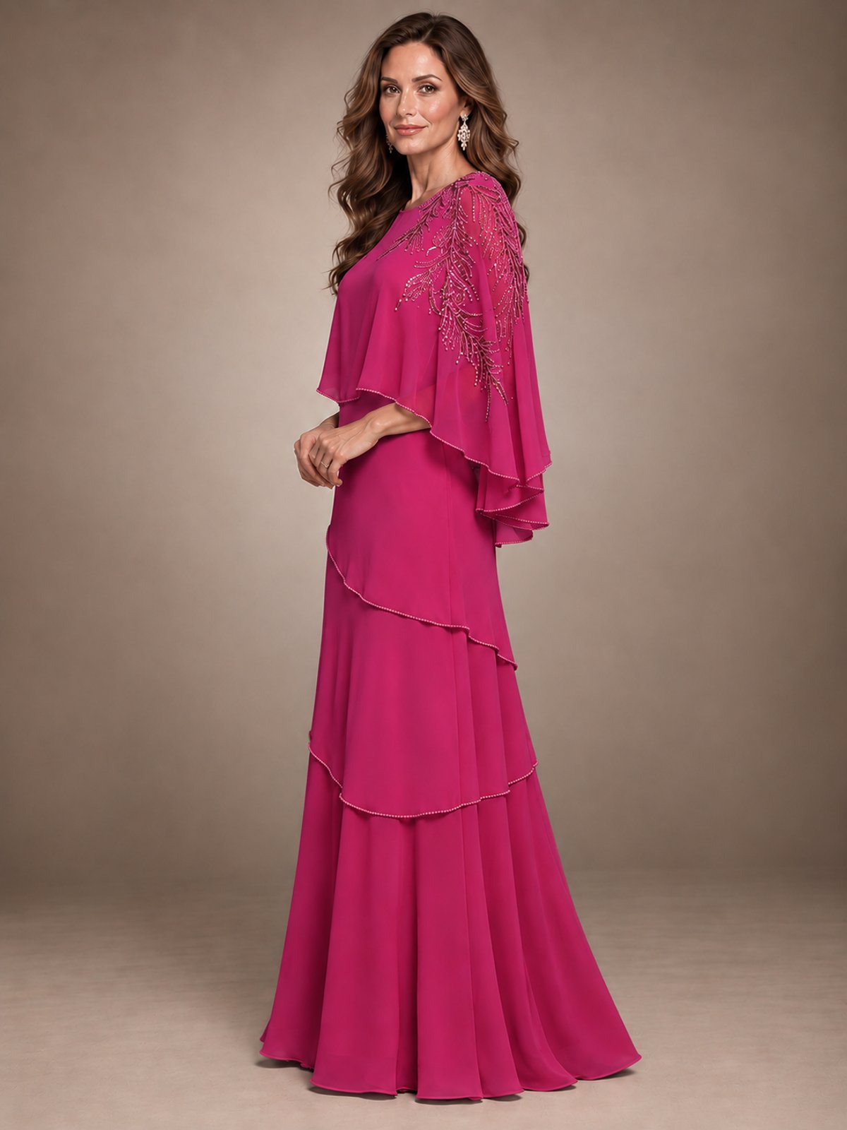 Elegant Chiffon Cape Sleeve Beaded Mother of the Bride Dress