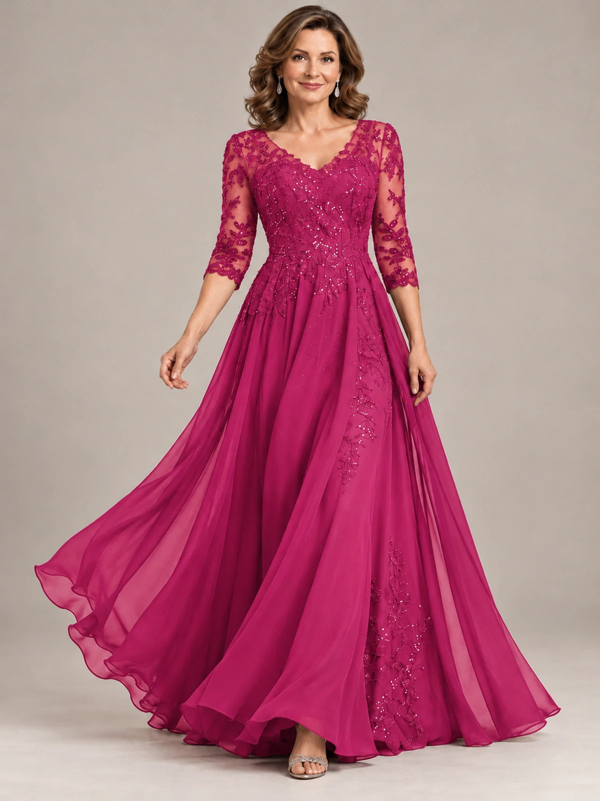 Sequin Lace A-Line Mother of the Bride Dress with 3/4 Sleeves