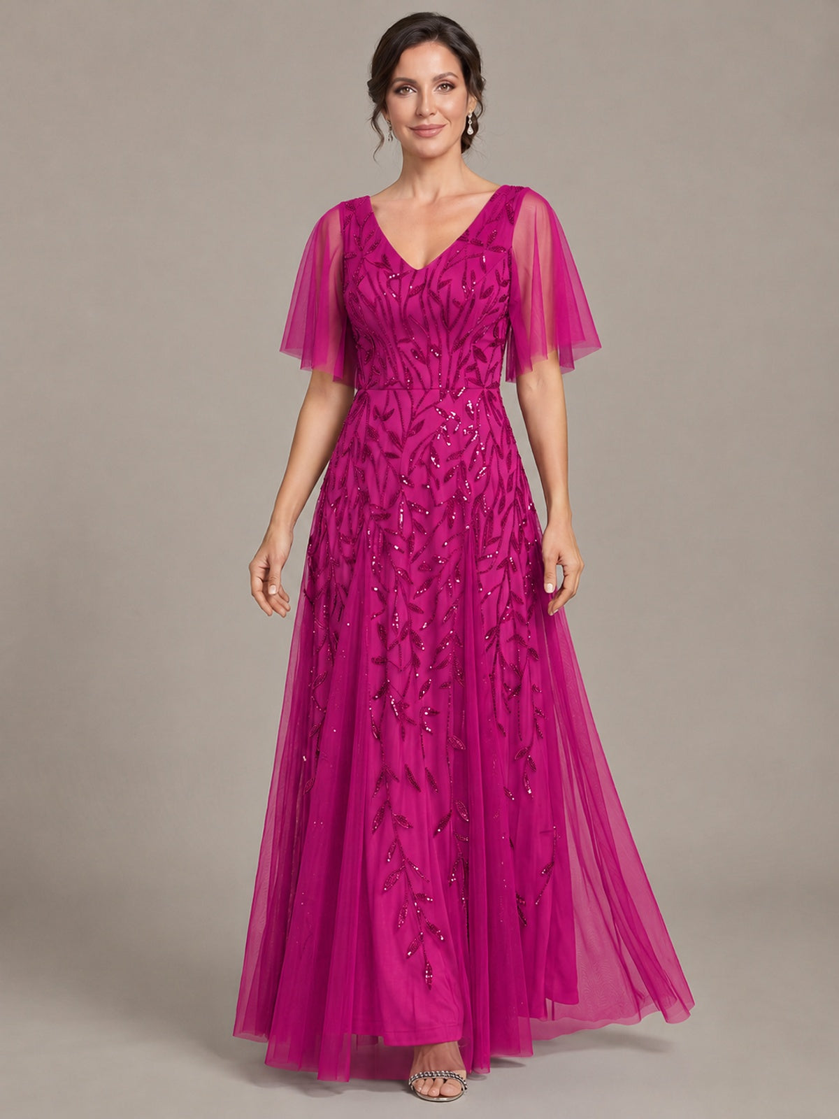 V-Neck Sequin Tulle Mother of the Bride Dress with Flutter Sleeve