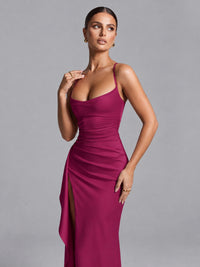 Square Neck Satin Long Prom Dress with Ruffles