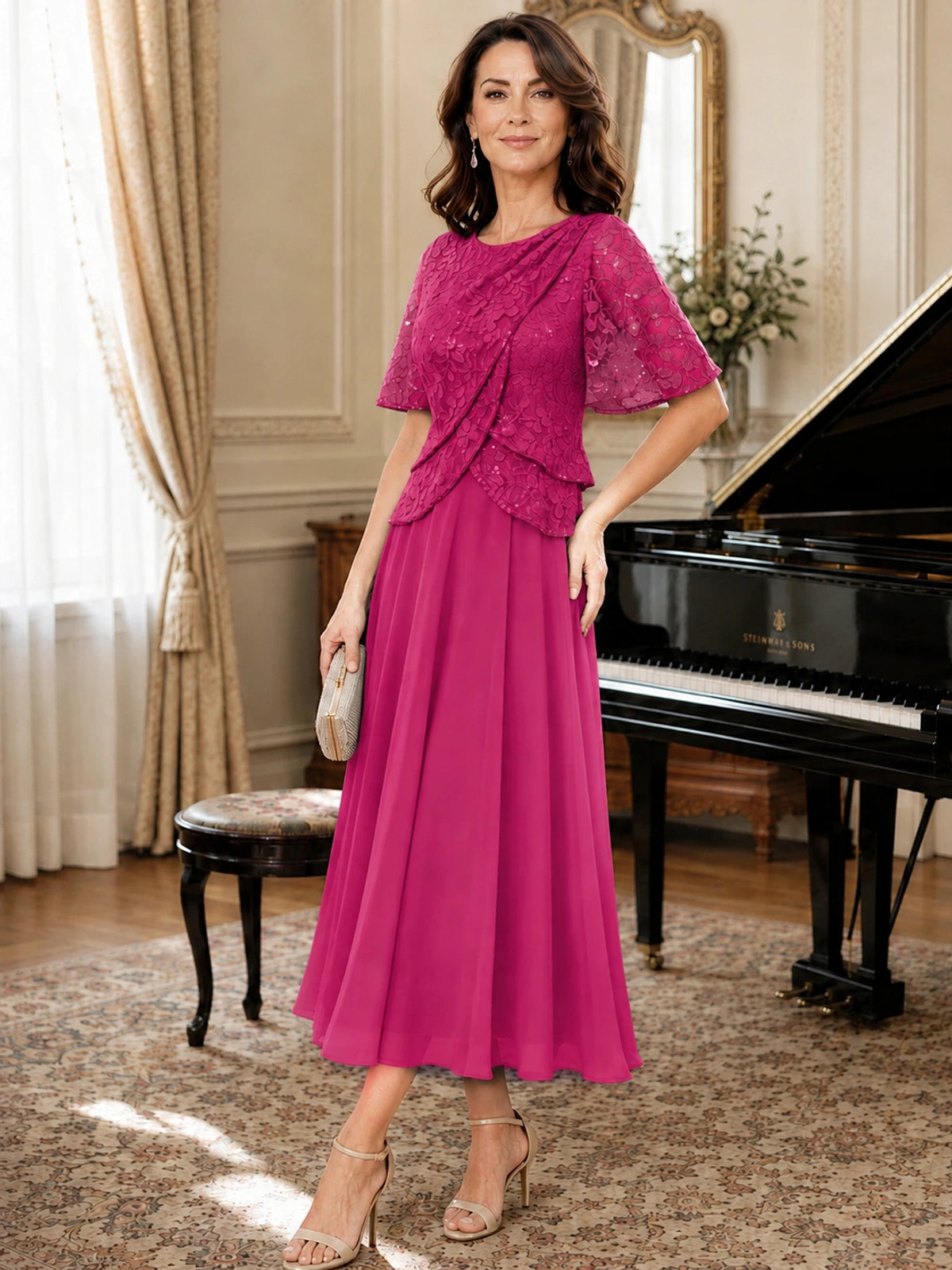 Tea-Length Chiffon Mother of the Bride Dress with Sequin Lace Sleeves