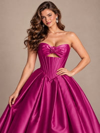Pink Strapless Corset Satin Prom Derss & Ball Gown with 3D Floral