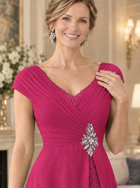Pleated Chiffon Lace Mother of The Bride Dresses with Beading Cap Sleeves