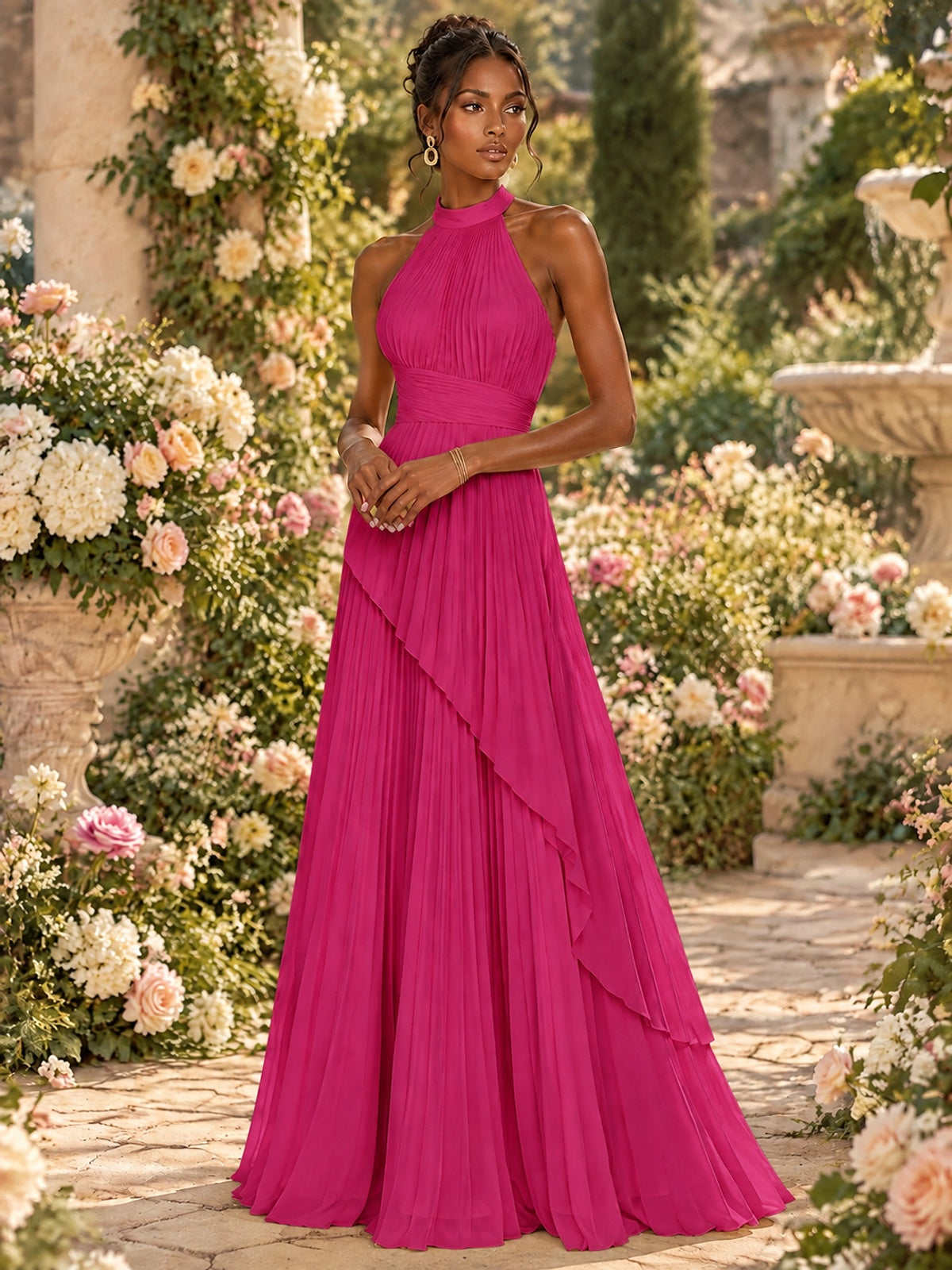 Wrap Pleated Prom Dress Halter A-line Chiffon Formal Wedding Dress