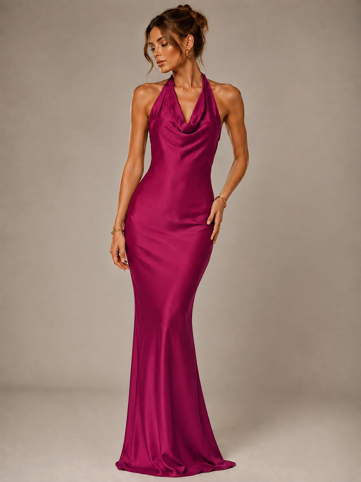 Olive Green Halter Satin Mermaid Maxi Dress