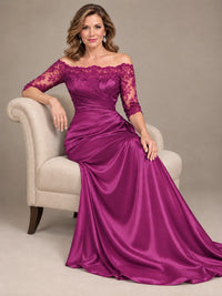 Satin Mother of the Bride Dress with Lace Sleeves Off Shoulder Formal Gown