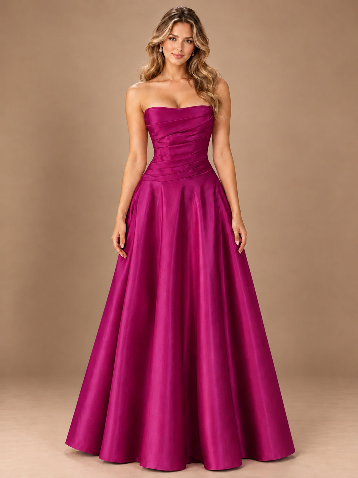 Blush Pink Strapless Satin A-Line Prom Dress with Ruched Bodice