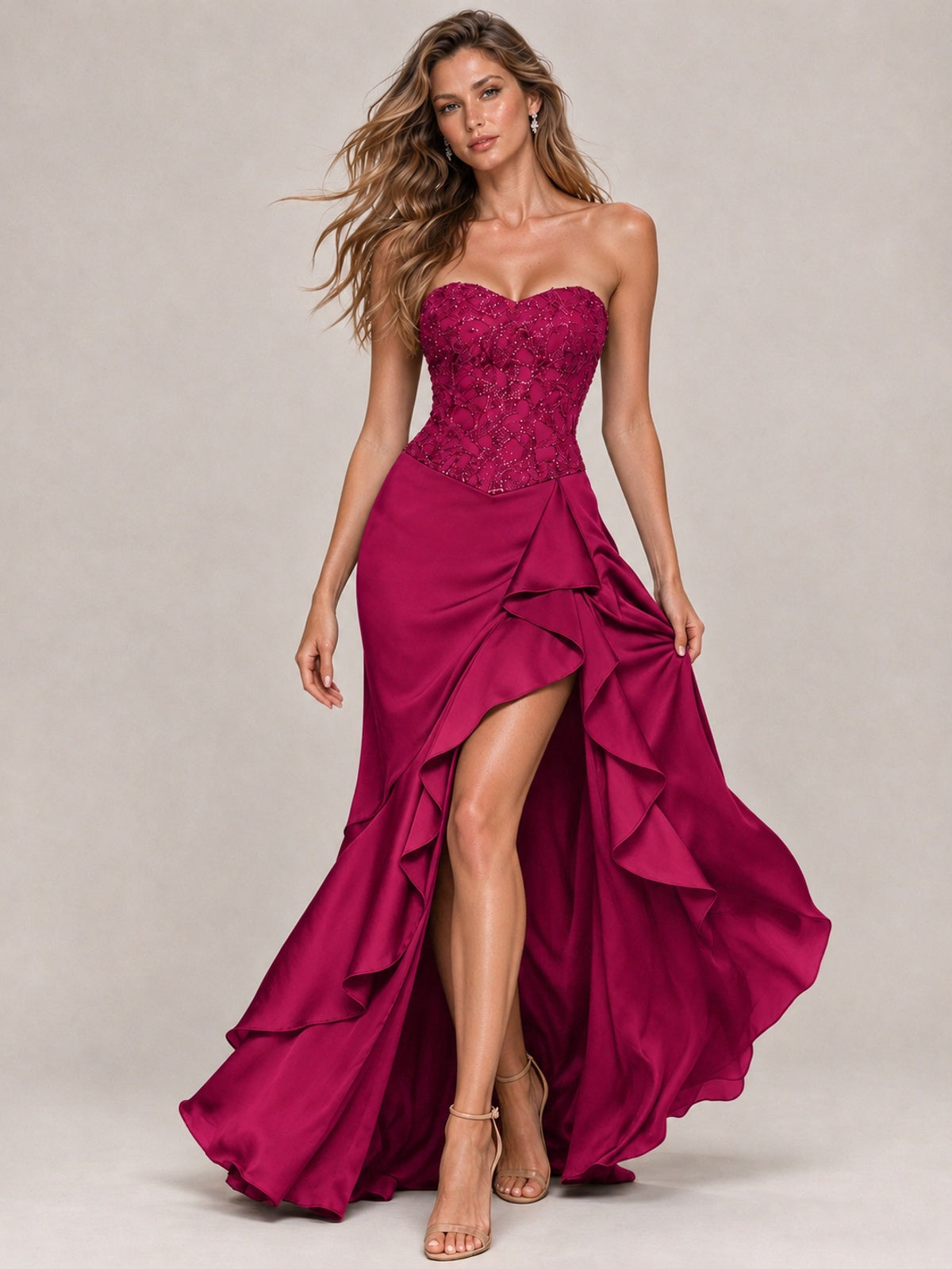 Strapless Lace Appliques Corset Satin Prom Dress Ruffle Slit Evening Gown