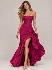 Strapless Lace Appliques Corset Satin Prom Dress Ruffle Slit Evening Gown
