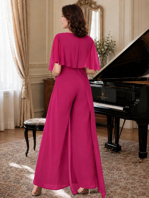 Chiffon Mother of the Bride Jumpsuit with Layered Cape Sleeves