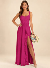 Spaghetti Straps Pleated Chiffon Bridesmaid Dress with Ruffle Slit