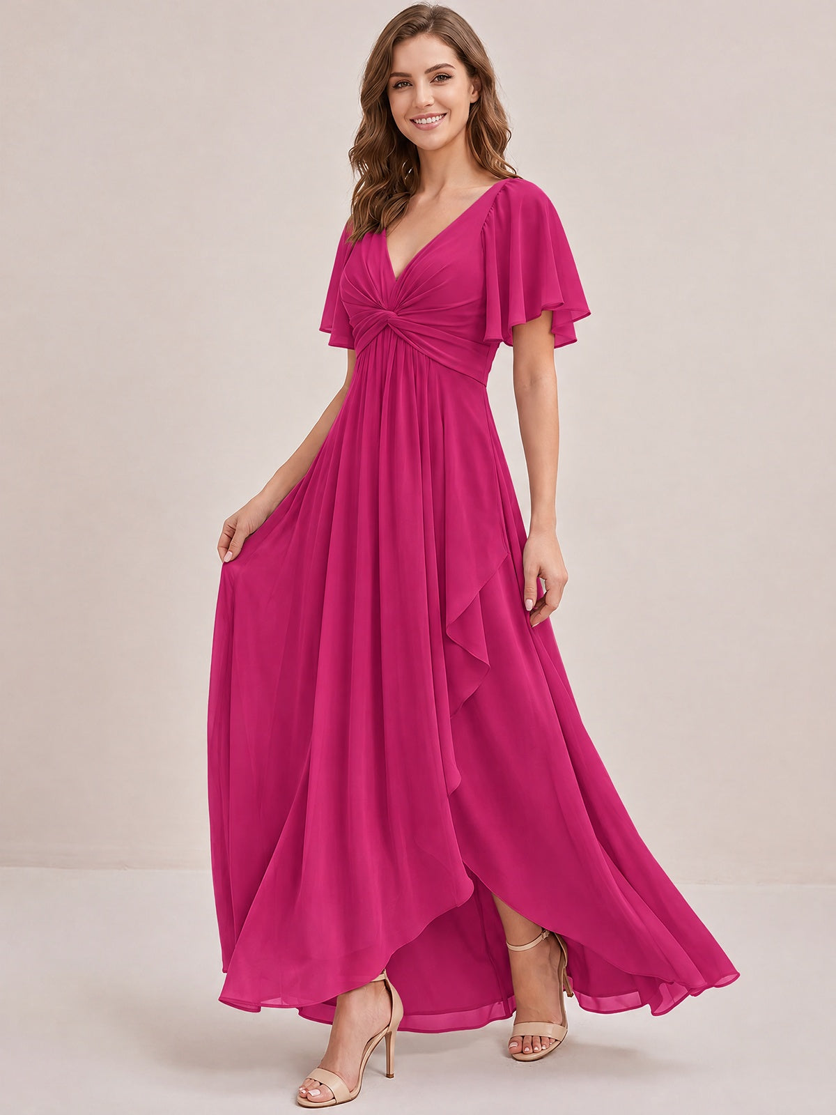 Dusty Blue Chiffon Bridesmaid Dress with Flutter Sleeves & High-Low Hem