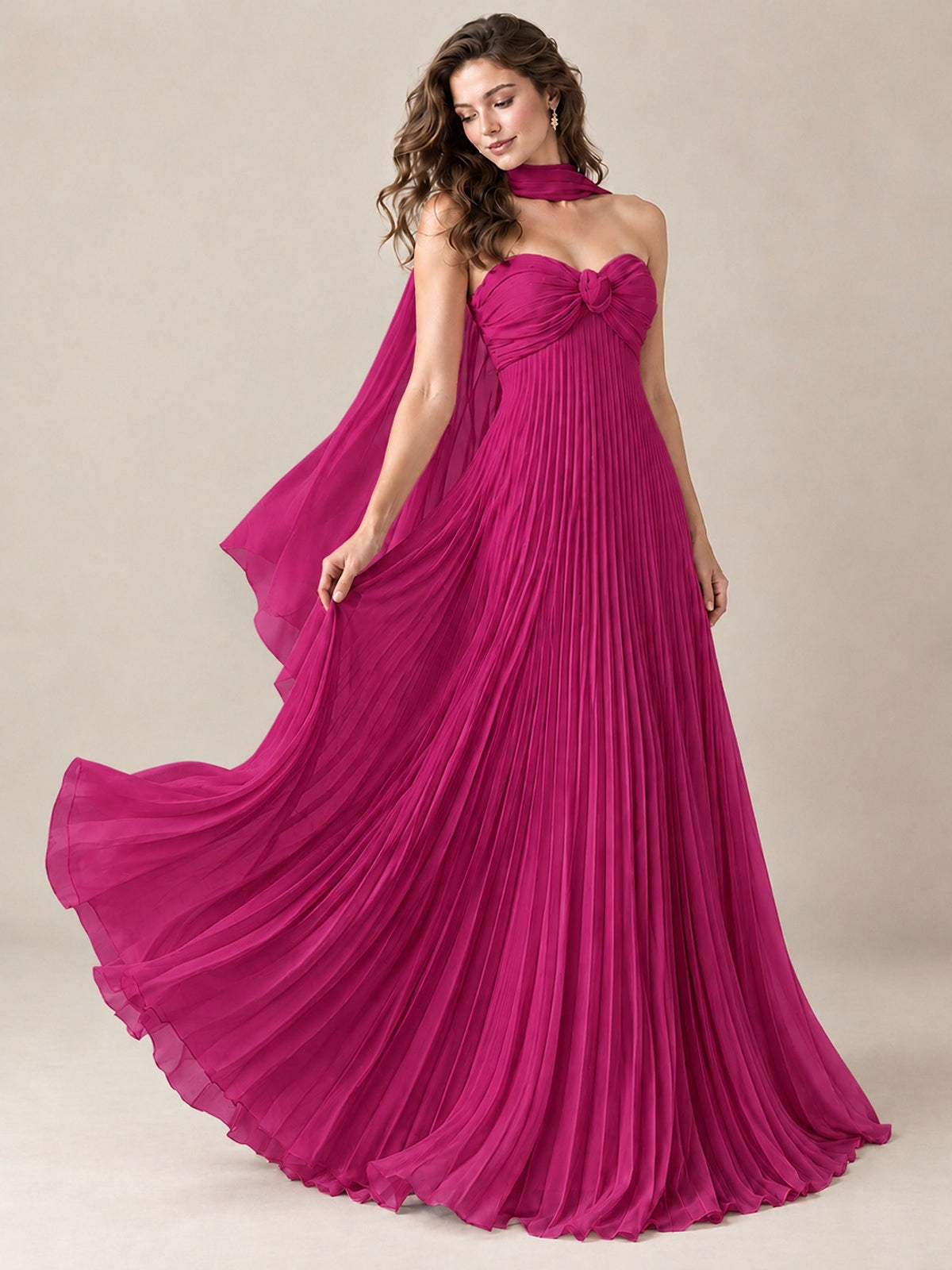 Sweetheart Neckline Pleated Prom Dress Strapless A-line Formal Dress with Flowy Scarf