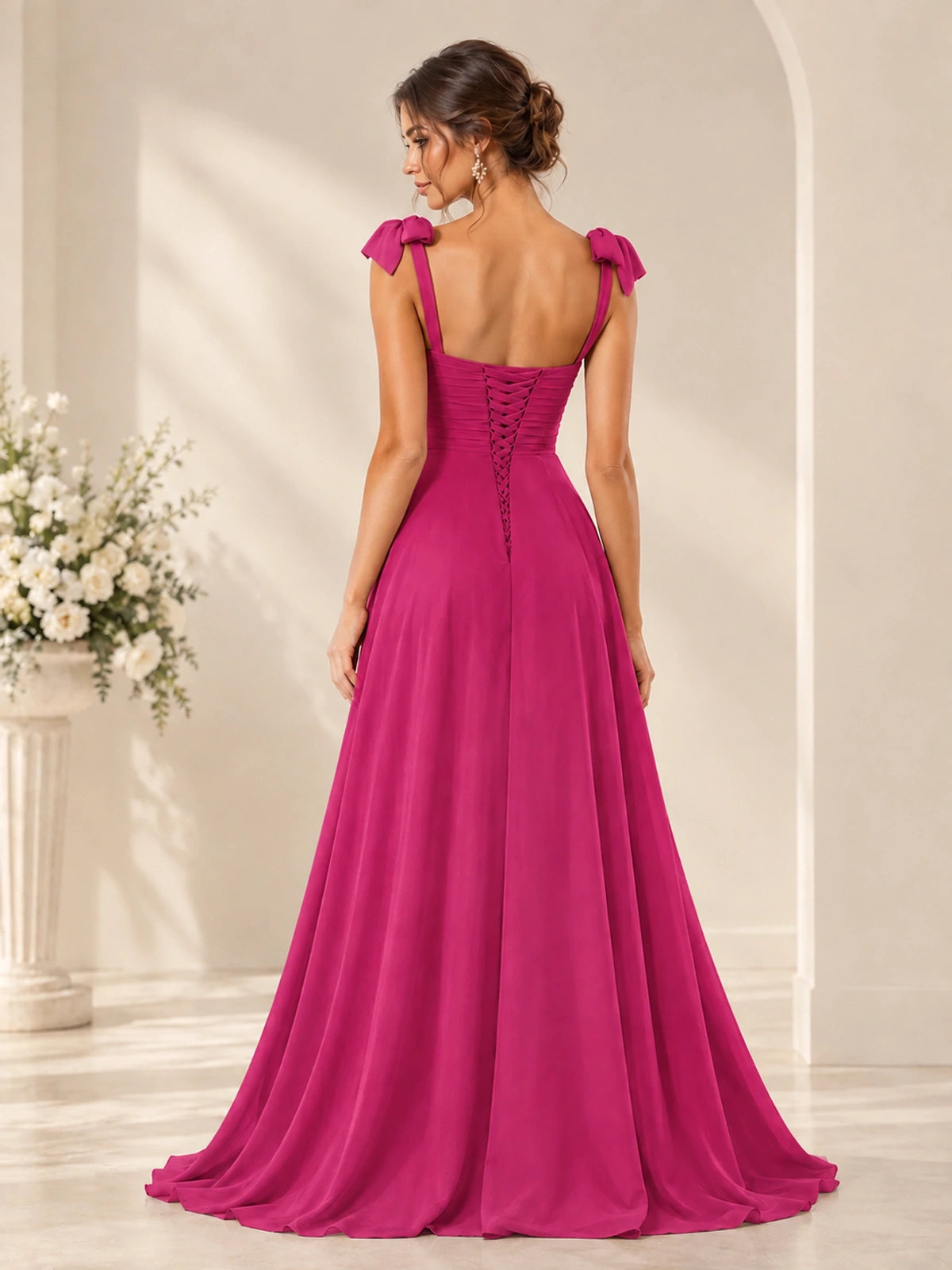 Ruffle Slit Chiffon A Line Scoop Neck Bridesmaid Dresses with Pockets