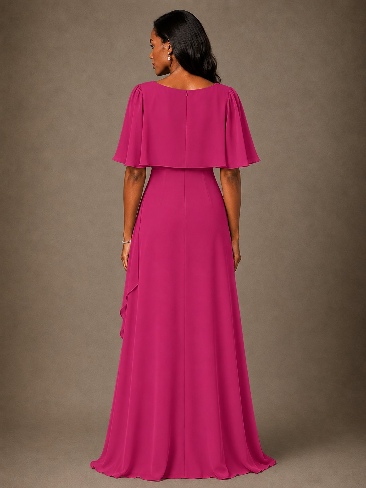 Taupe Chiffon A-Line Mother of the Bride Dress with Cape Sleeves