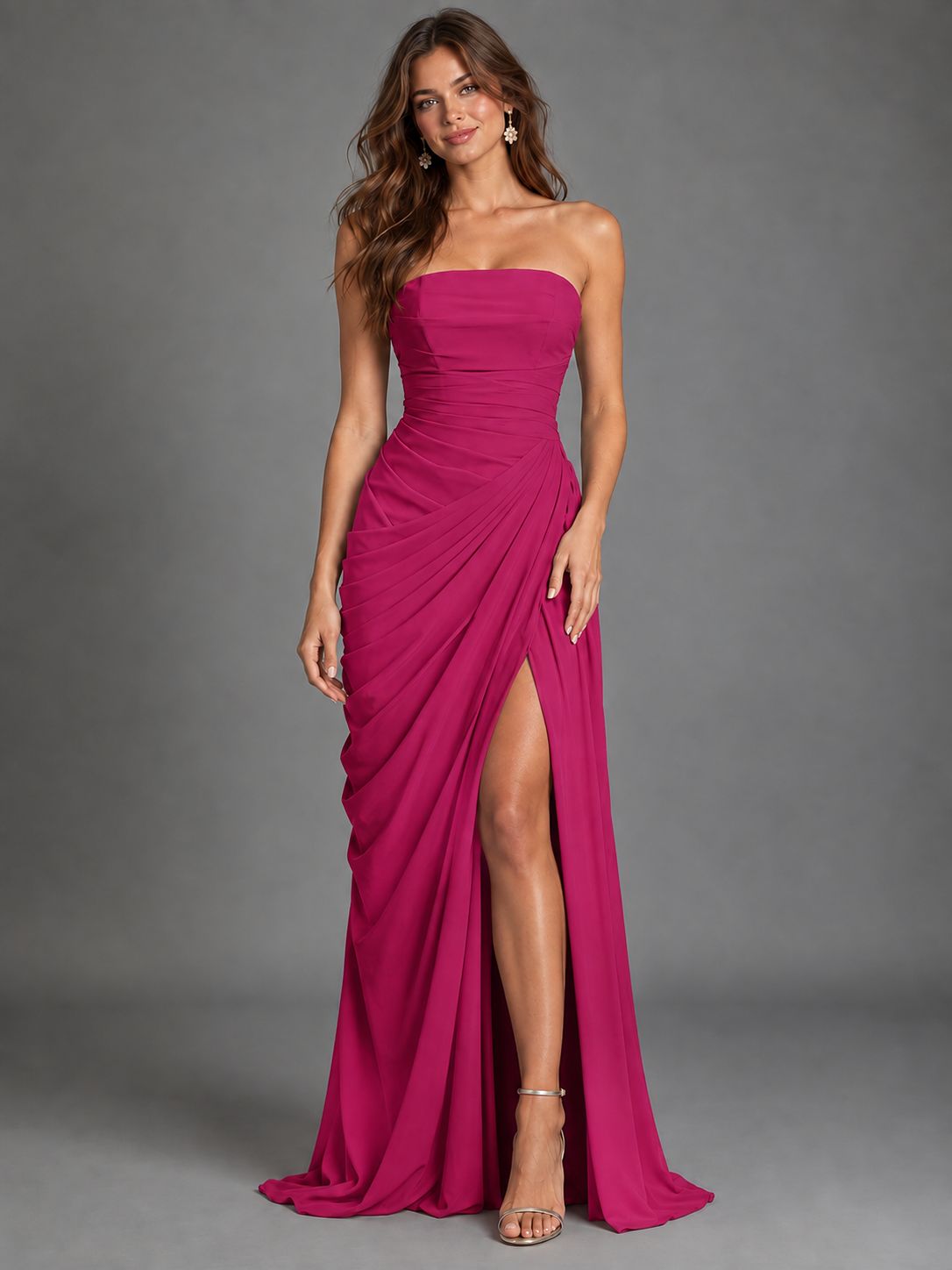 Strapless Bodycon Pleated Chiffon Formal Dress with Slit
