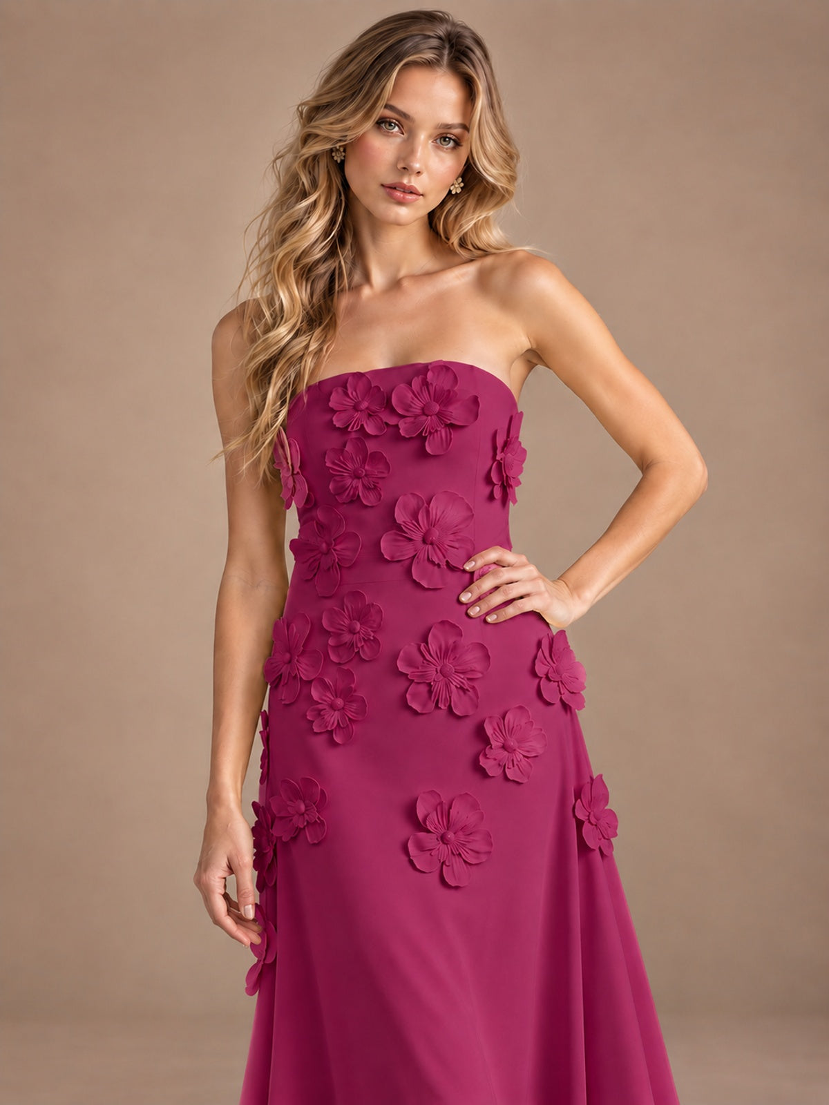 Yellow Strapless A-line Satin Maxi Dress with 3D Floral