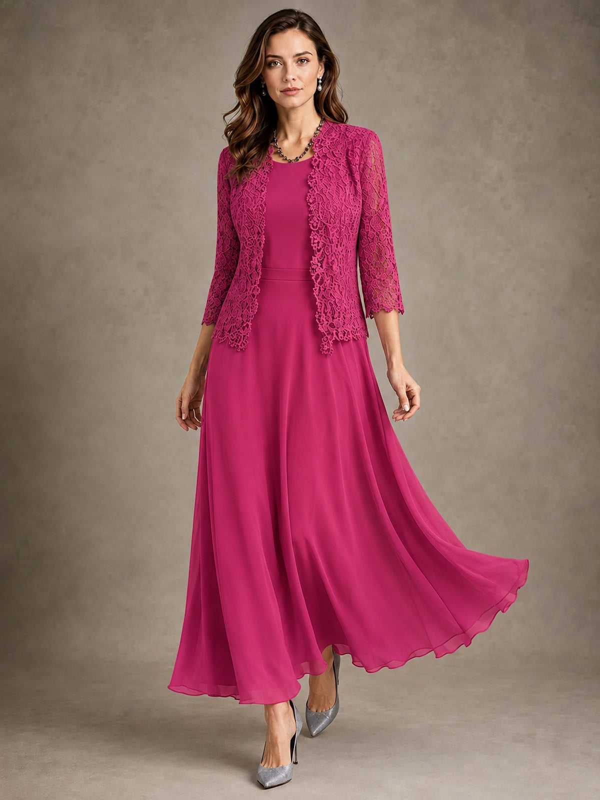 2-Piece Chiffon Mother of the Bride Dress with Lace Jacket
