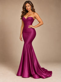 Red Strapless Satin Mermaid Prom Dress with Corset Bodice