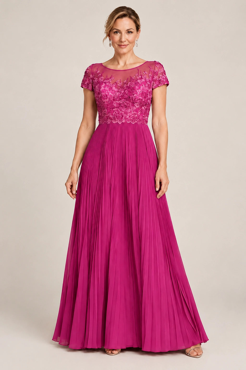 Embroidered Lace Pleated Mother of the Bride Dress