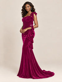 Black Velvet One-Shoulder Mermaid Evening Gown with Bow & Ruffles