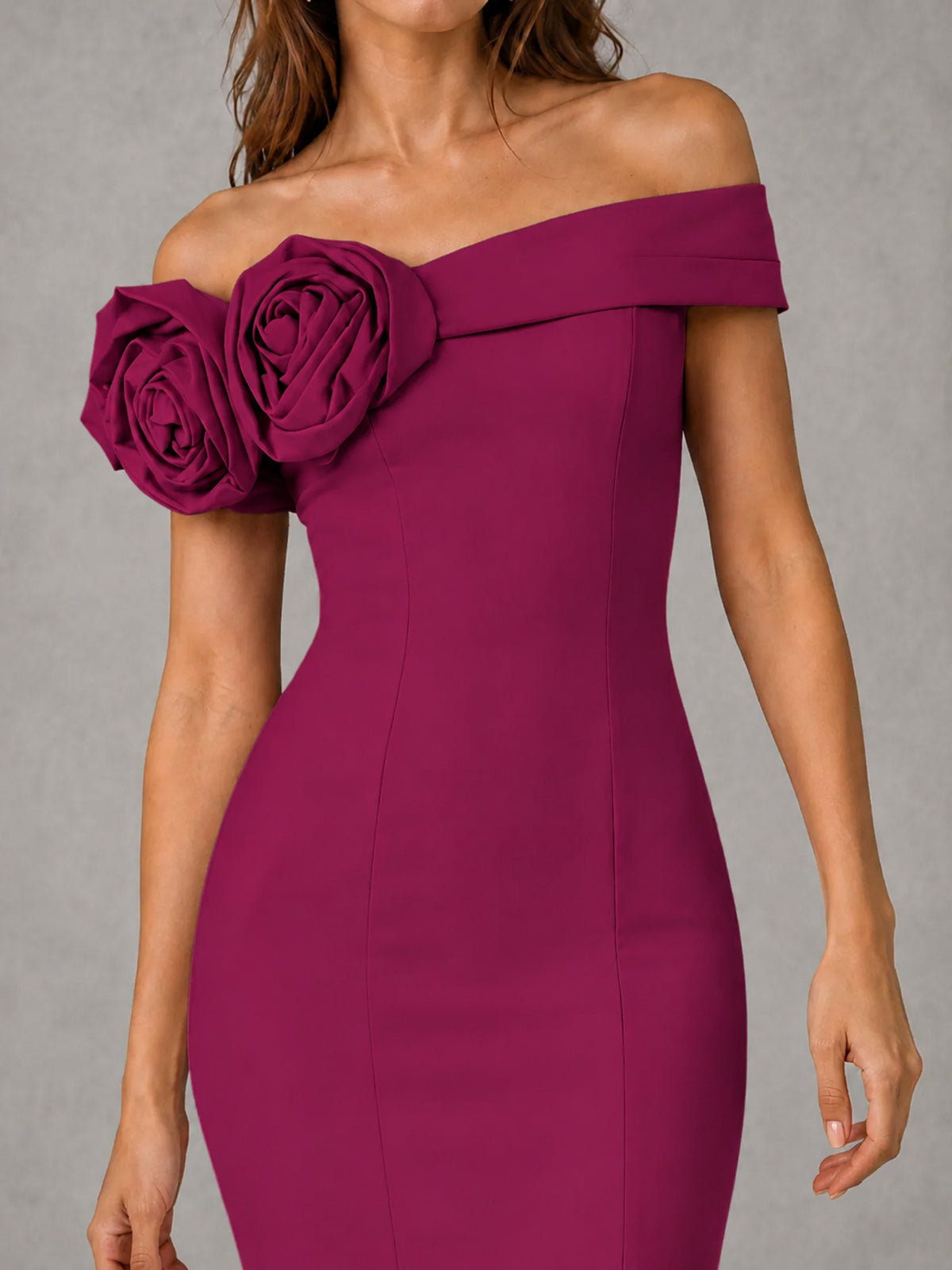 Blush Pink Off Shoulder Mermaid Bridesmaid Dress with Floral Rosette
