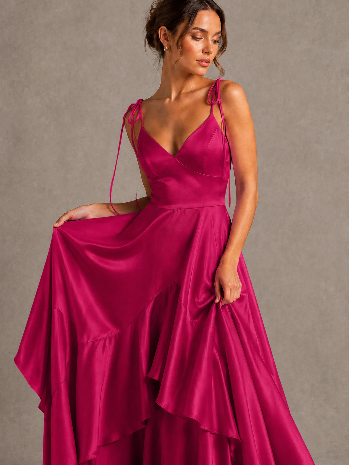 Lavender Satin V-Neck Ruffle Maxi Dress