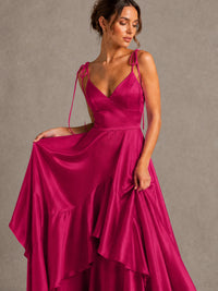 Lavender Satin V-Neck Ruffle Maxi Dress