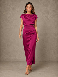Cowl Neck Satin Mother of the Bride Dress with Ruched Waist