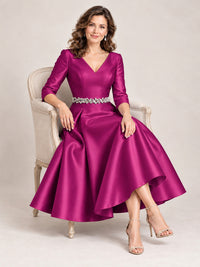 V-Neck Tea-Length Mother of the Bride Dress with Embellished Waist
