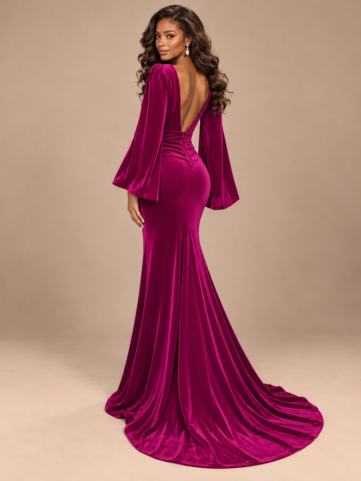 Burgundy Velvet Deep V-Neck Ruched Long Sleeve Maxi Dress