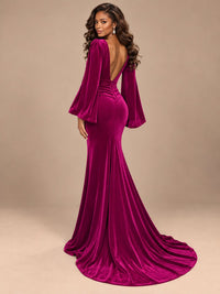 Burgundy Velvet Deep V-Neck Ruched Long Sleeve Maxi Dress