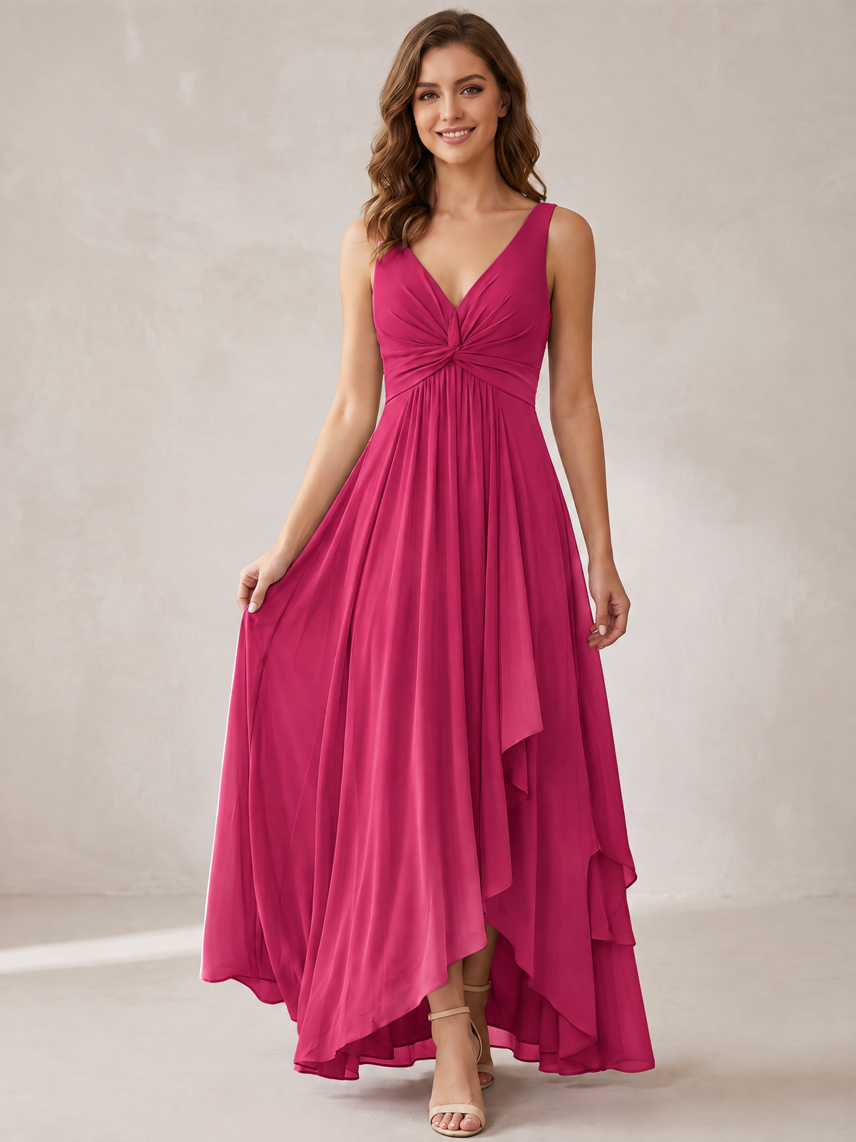V-Neck High-Low Chiffon Bridesmaid Dress with Ruffles
