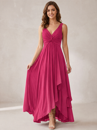 V-Neck High-Low Chiffon Bridesmaid Dress with Ruffles