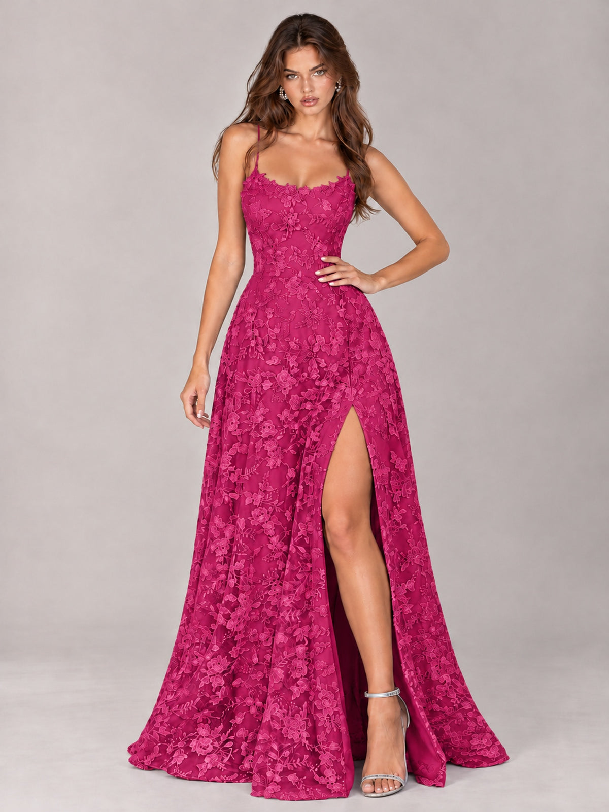 Floral Lace A-Line Prom Dress with Spaghetti Straps & High Slit