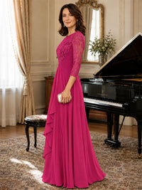 A-Line Chiffon Mother of the Bride Dress with Floral Applique 3/4 Sleeves