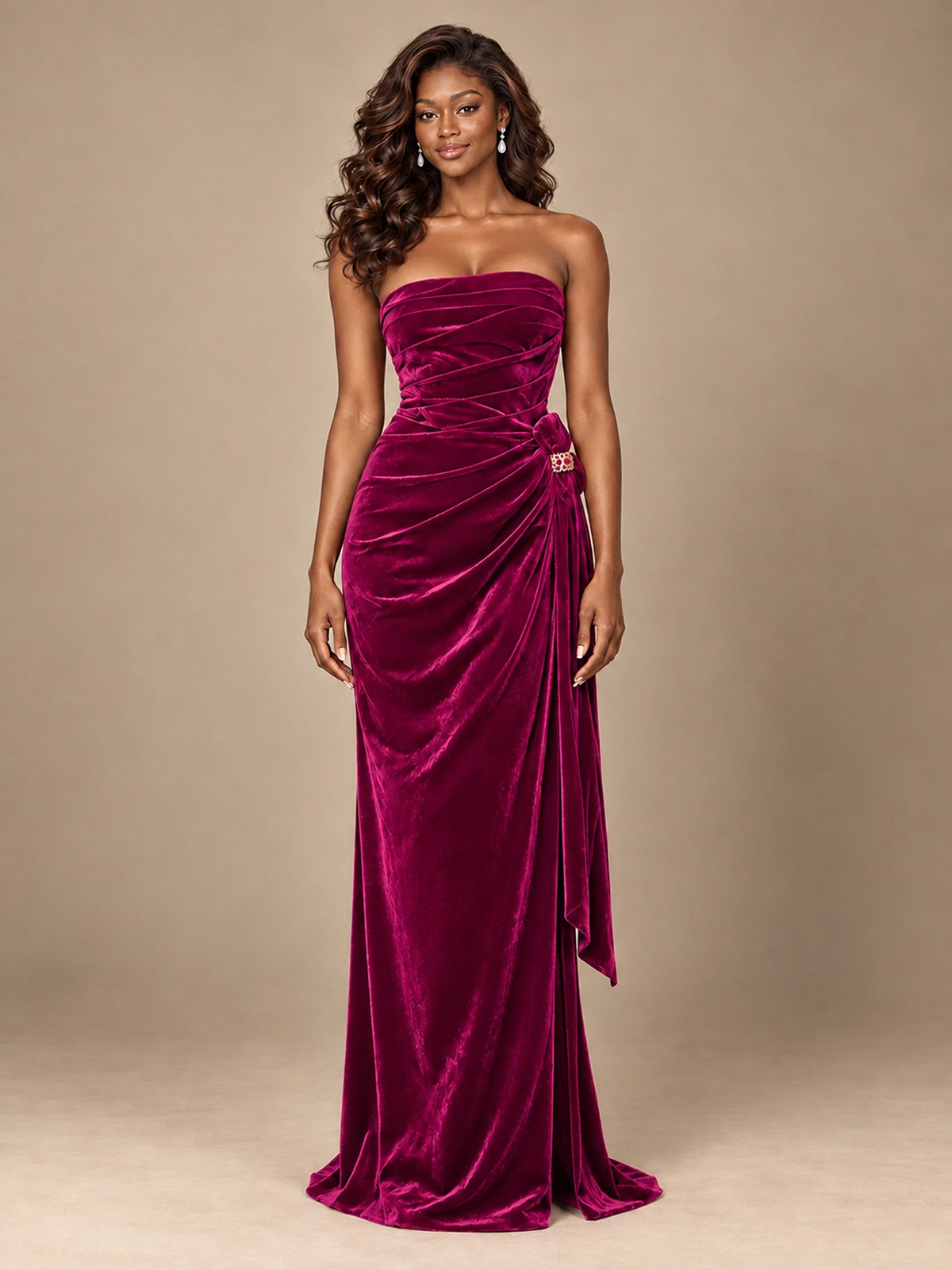 Burgundy Velvet Strapless Ruched Prom Dress with Jeweled Side Drape