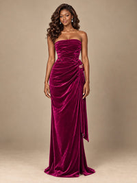 Burgundy Velvet Strapless Ruched Prom Dress with Jeweled Side Drape