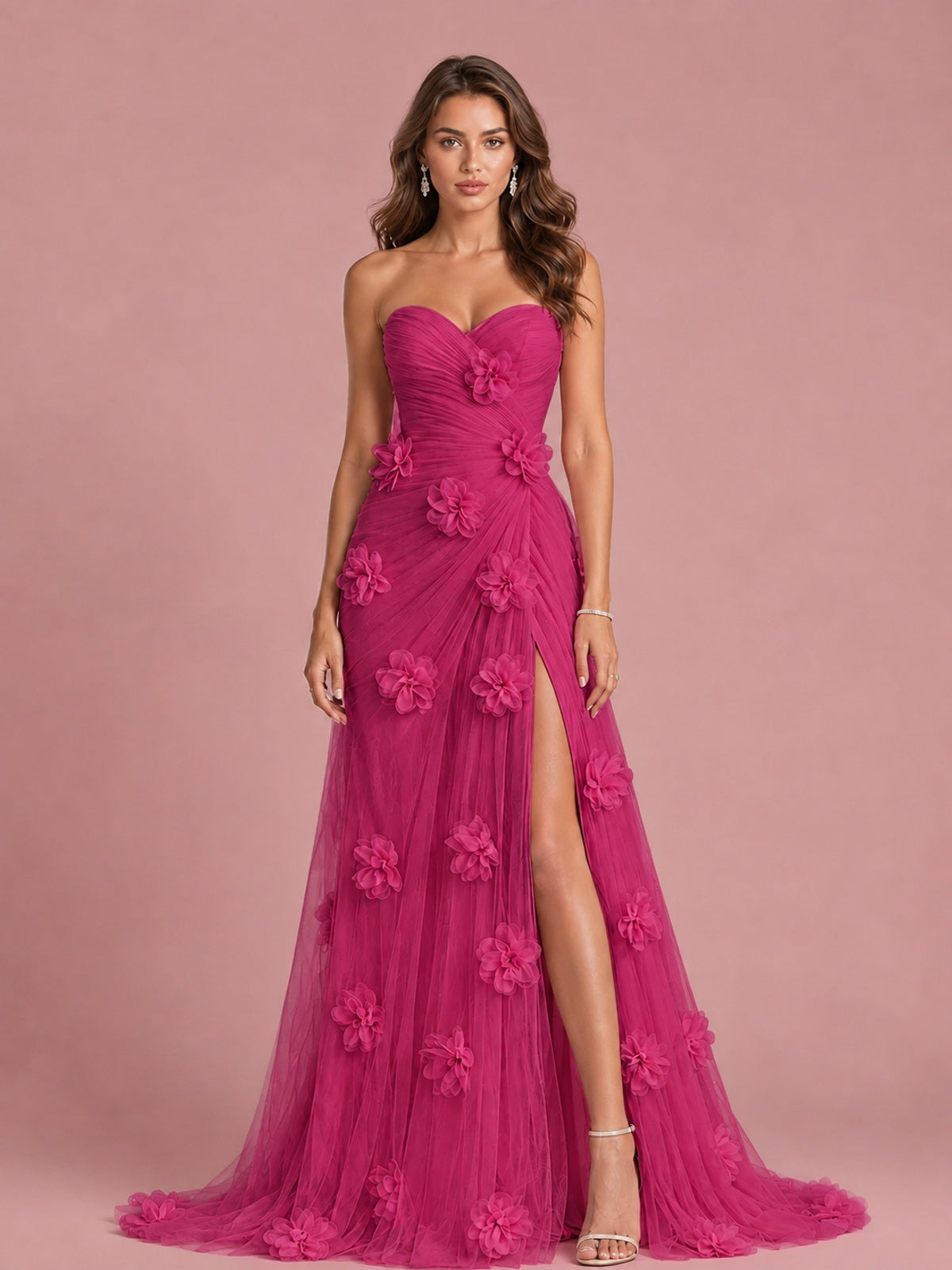 3D Floral Applique Strapless Tulle Prom Dress with High Slit