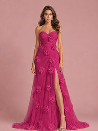 3D Floral Applique Strapless Tulle Prom Dress with High Slit