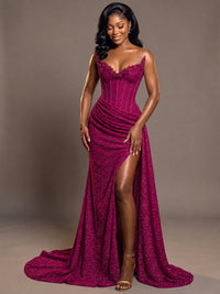 Luxury Strapless Sequin Corset Mermaid Prom Dress with High Slit & Train