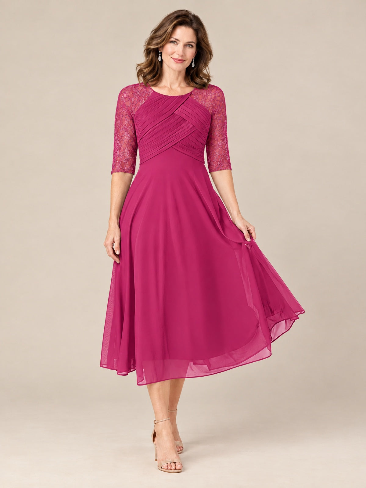 Tea-Length Mother of the Bride Dress with Lace 3/4 Sleeves