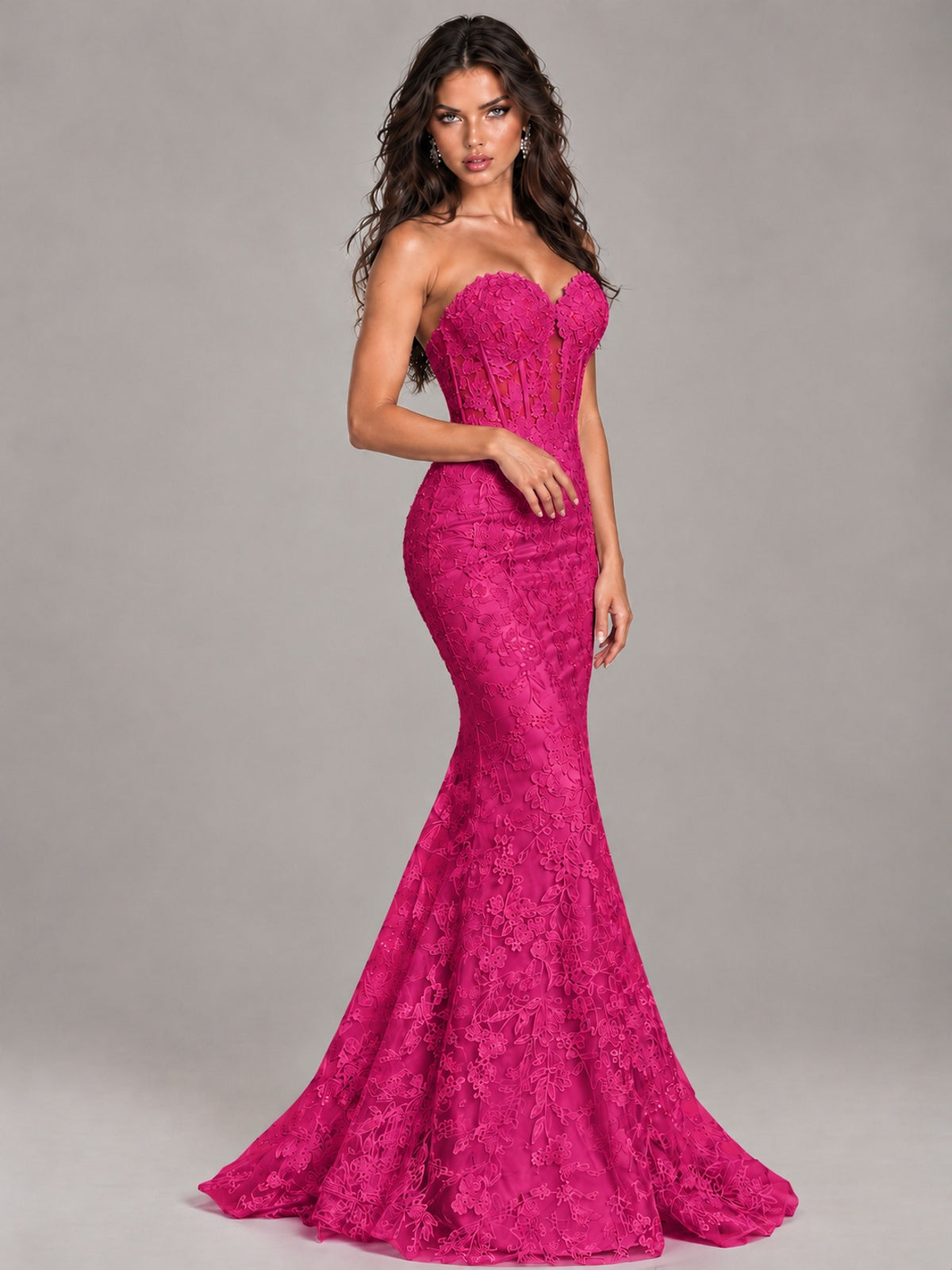 Strapless Corset Mermaid Prom Dress Lace Appliqué Formal Gown