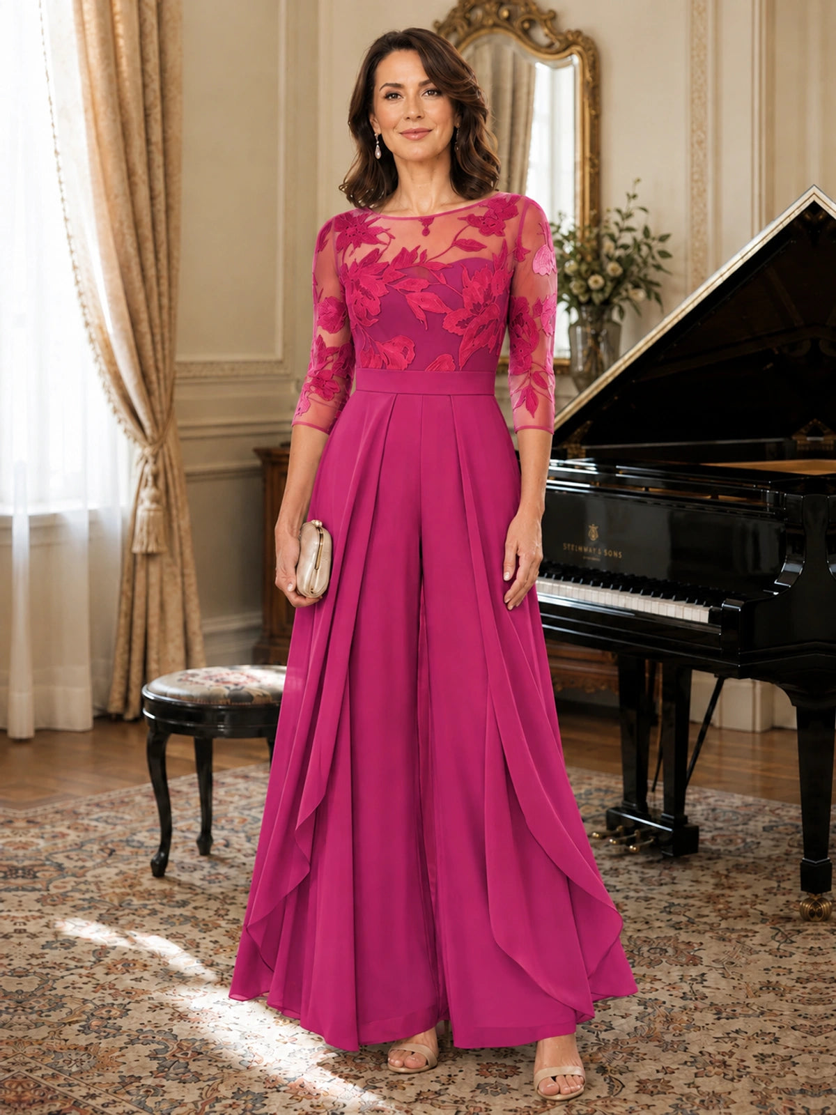 Lace Applique Wide-Leg Chiffon Mother of the Bride Jumpsuit